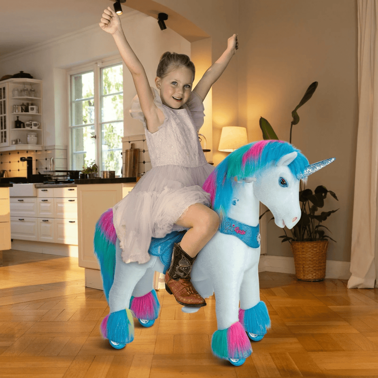 Toddlers Rainbow Indoor/Outdoor Ride-On Unicorn with Cushioned Seat, Anti-Slip Wheels (Ages 4–7)