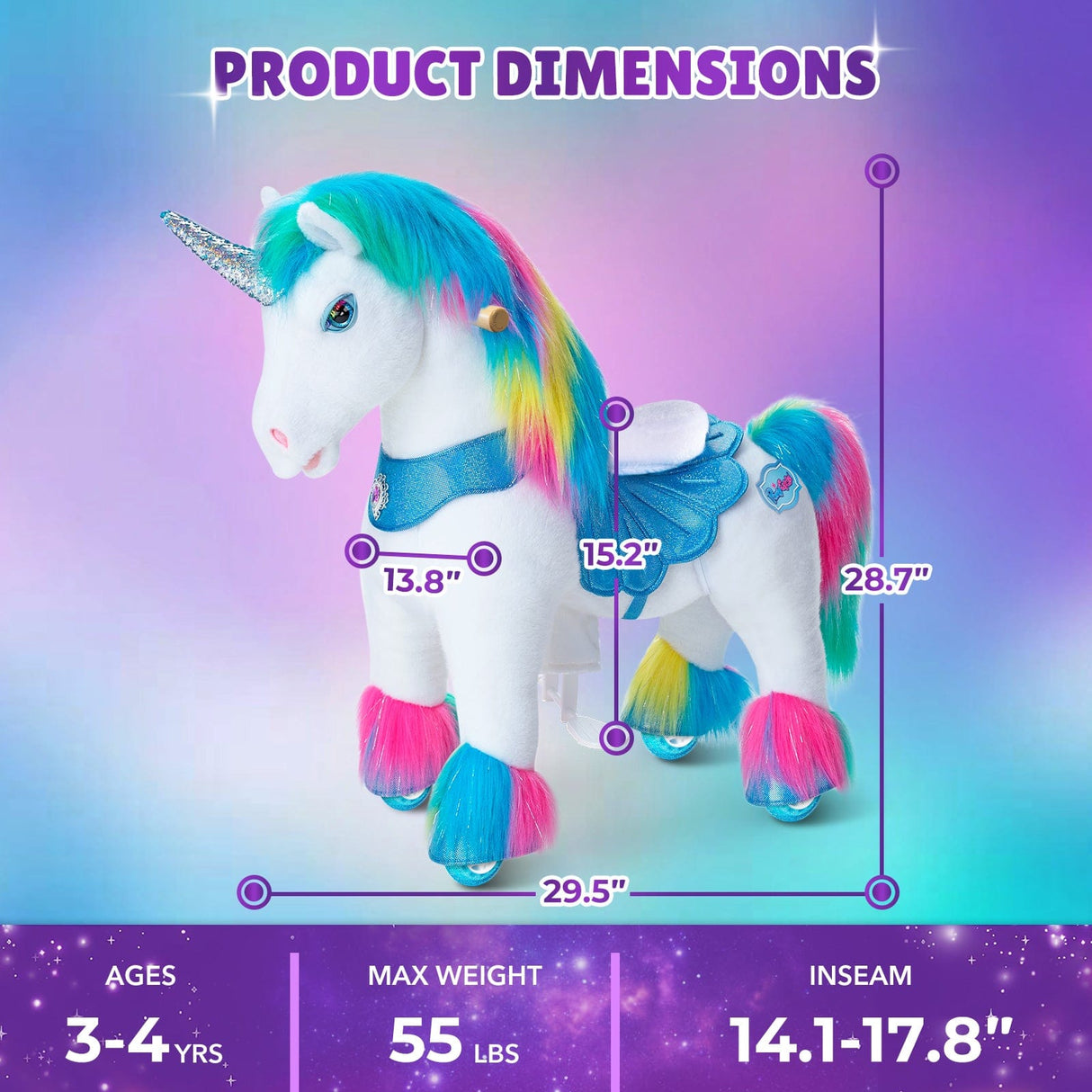 Toddlers Indoor/Outdoor Rainbow Ride-On Unicorn with Cushioned Seat, Anti-Slip Wheels (Ages 3–4)