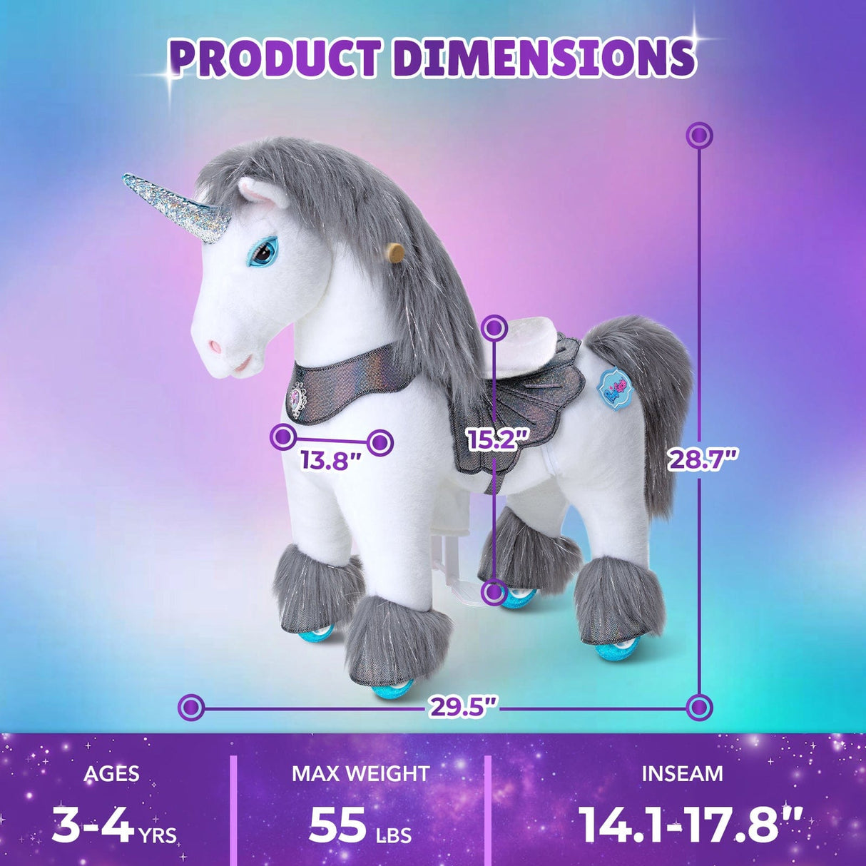 Toddlers Indoor/Outdoor Grey Ride-On Unicorn with Cushioned Seat, Anti-Slip Wheels (Ages 3–4)