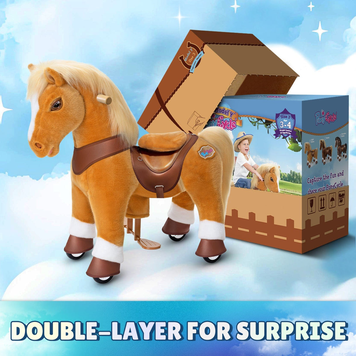 Toddlers Indoor/Outdoor Golden Ride-On Pony with Cushioned Seat, Anti-Slip Wheels (Ages 3–4)