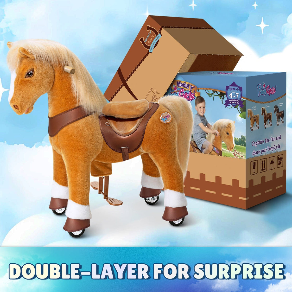 Toddlers Golden Indoor/Outdoor Ride-On Pony with Cushioned Seat, Anti-Slip Wheels (Ages 4–7)
