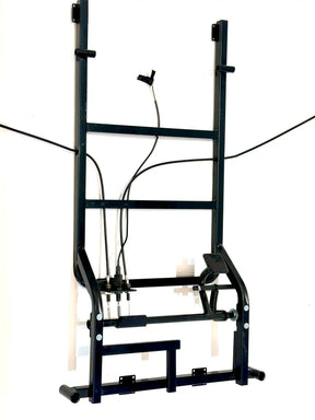 The 24V A032 Complete Metal Frame is a sleek black wall-mounted home fitness system with adjustable pulleys and cables. It includes handles, bars, and a seat for resistance training and diverse exercises in compact spaces.