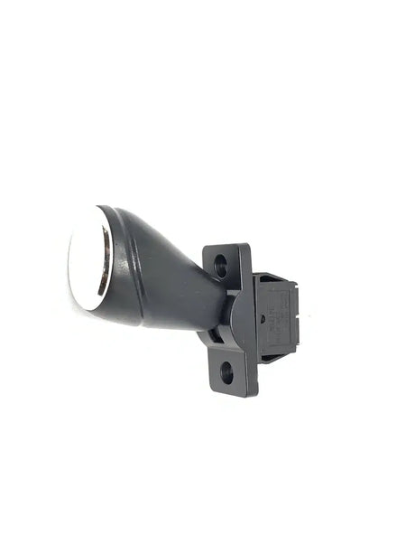 A black, cylindrical 12V Audi R8 shifter with a white circular end is ideal for a ride-on car. It mounts on a rectangular bracket with two screw holes and has an electrical connector. Available at Kids VIP Online as part of their final sale promotion.