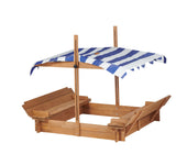 Kids Sandbox with Adjustable Cover, 46'' Wooden Sand Box with 2 Foldable Bench Seats, Outdoor Sandpit for Backyard Play