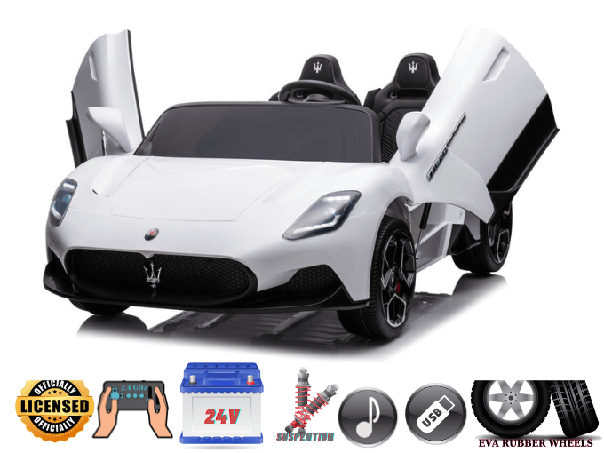 The Experience Luxury: White XXL 24V /105W Maserati MC20 is a premium 2-seater ride-on car with butterfly doors. It’s officially licensed and features a remote control, suspension, MP3 compatibility, USB port, EVA rubber wheels, and plush leather seats for superior comfort.