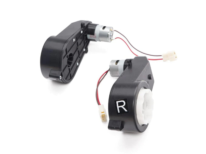 The Enhance Your 12V Mercedes GLC with a High-Quality Set of Motors includes two black electric motors featuring red and black wires, white connectors, and a complex gear-like structure. One motor is marked R, all presented on a white surface.