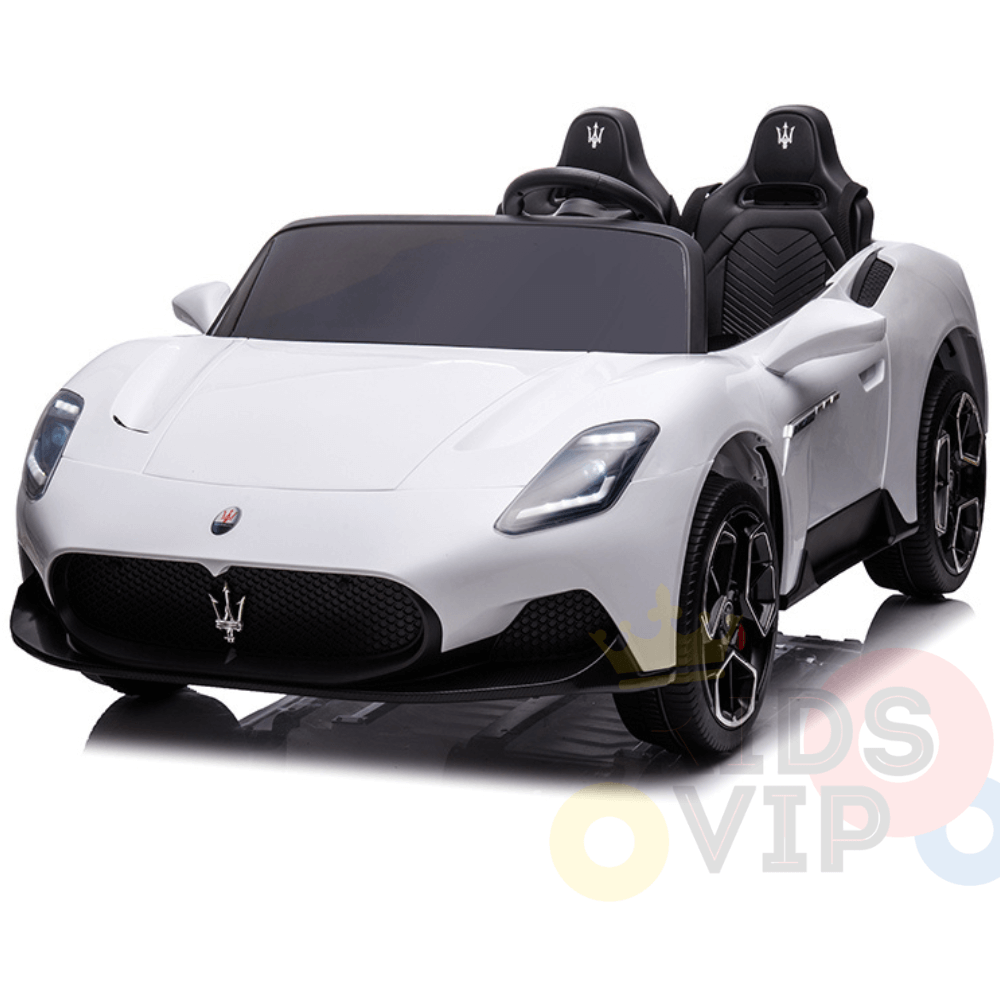 The White XXL 24V Maserati MC20 ride-on car offers a deluxe experience with sleek black grille, bold wheels, trident-like logo, and elegant leather seats. Its premium design includes spacious two-seater luxury and rubber tires for young adventurers seeking an upscale ride.