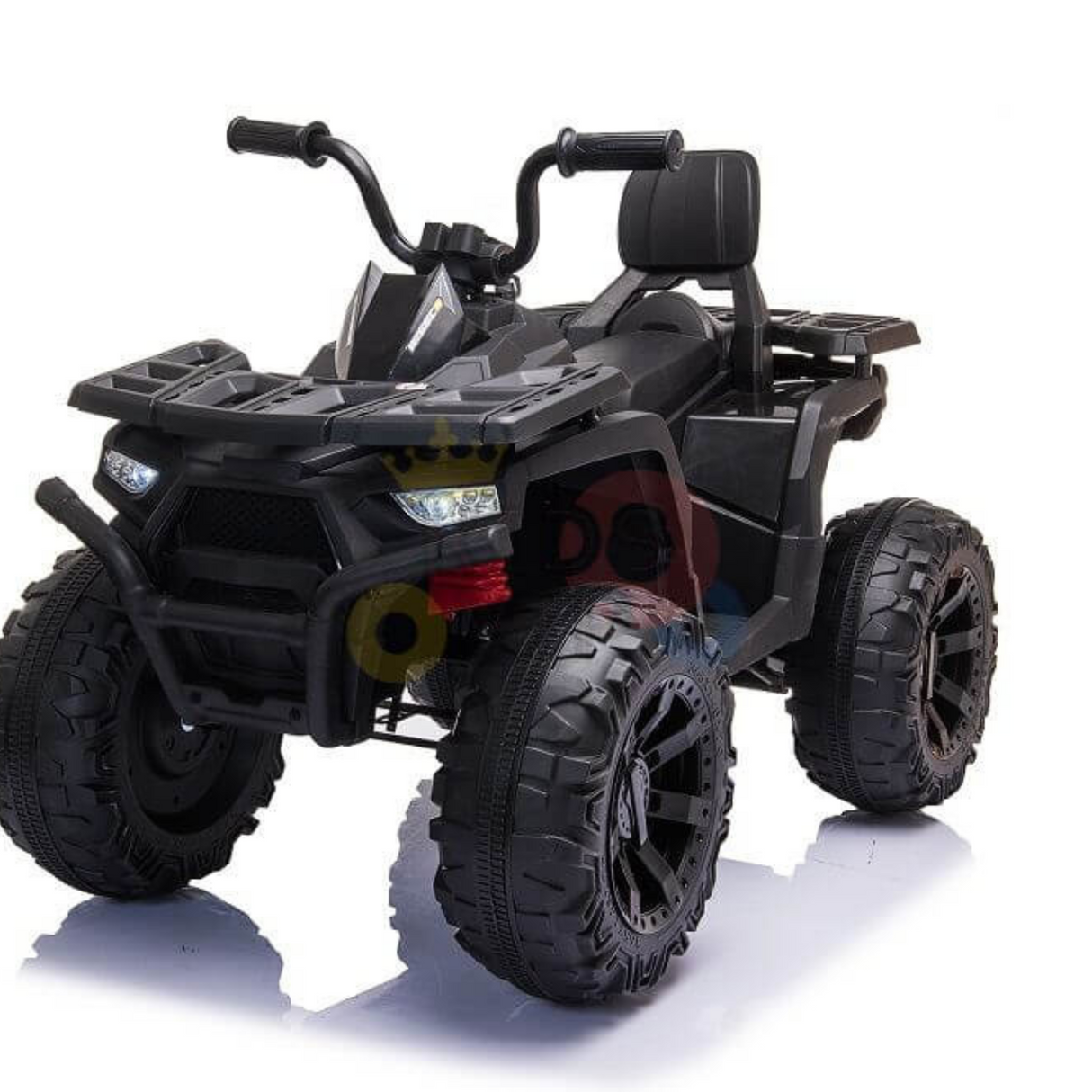 The Black 24V Titan Ride On Quad for Kids features rubber wheels, handlebars, realistic headlights, and a sturdy bumper. Its sleek design includes a leather seat and built-in music for an adventurous and stylish ride.