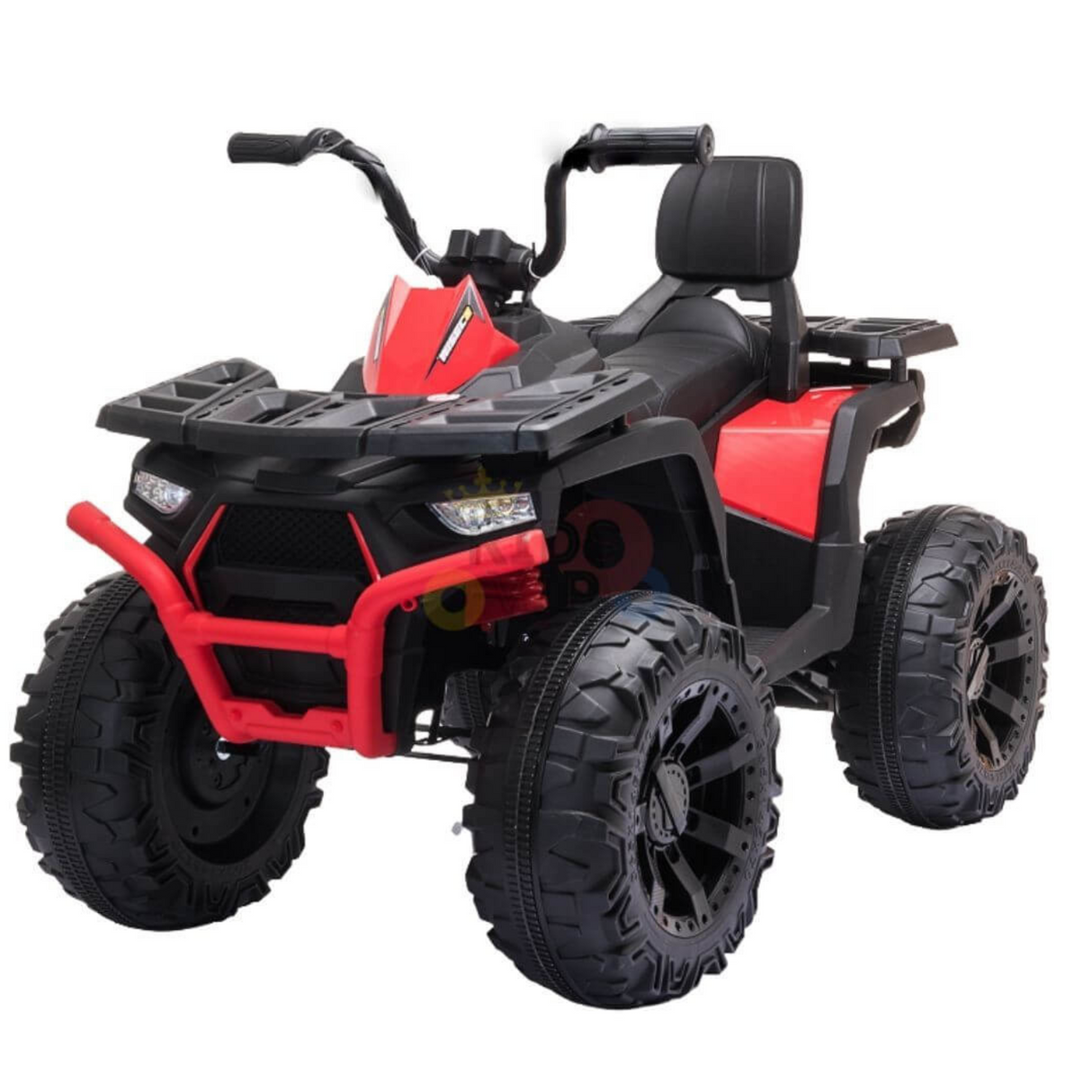 The Red 24V Titan Ride On Quad/ATV for Kids has black and red colors, large rubber wheels, a handlebar, a single leather seat with backrest, and music features. Its designed for outdoor adventures like a four-wheeled off-road vehicle.