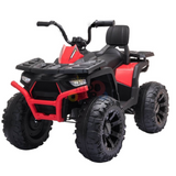 The Red 24V Titan Ride On Quad/ATV for Kids has black and red colors, large rubber wheels, a handlebar, a single leather seat with backrest, and music features. Its designed for outdoor adventures like a four-wheeled off-road vehicle.