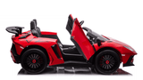 The Red 24V/180W Lamborghini SV Limited XXL Edition, reaching up to 10MPH, mirrors a real sports car with scissor doors, black wheels, and a rear spoiler. Displayed in profile on a white background, this is perfect for young enthusiasts.