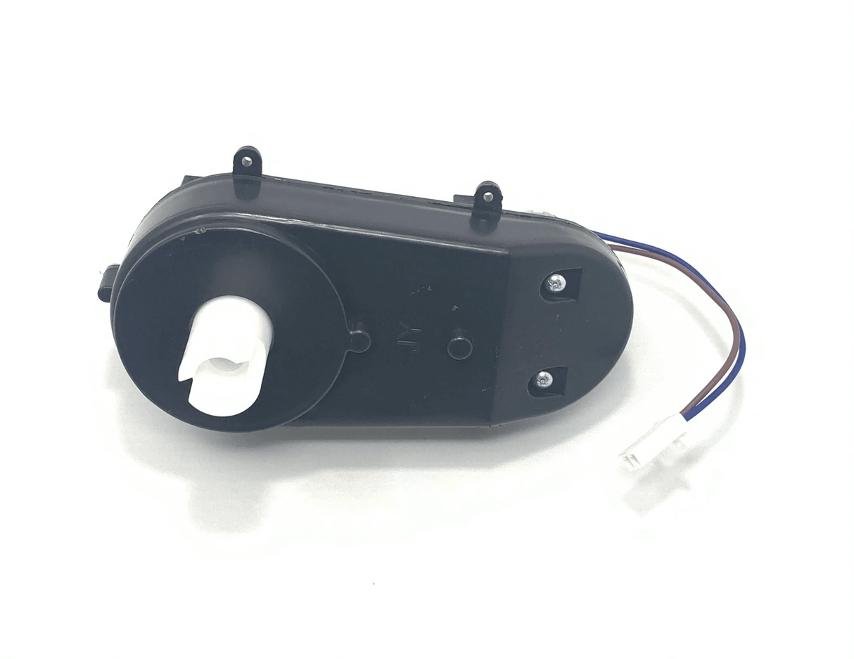 The High-Performance 12v Steering Motor for Range Rover HSE is a black plastic mechanical component with a white cylindrical attachment, screws, and multicolored wire ending in a white connector. Ideal for 12v Range Rover HSE ride-on cars, its design stands out against the plain white background.