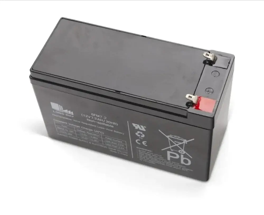 A black rectangular lead-acid battery for ride-on cars with visible terminals and a red cap on the positive. Side labeling includes specs and safety symbols, showcasing the 12V 9amp Battery for Cars: Unleash the Fun! for extended playtime.