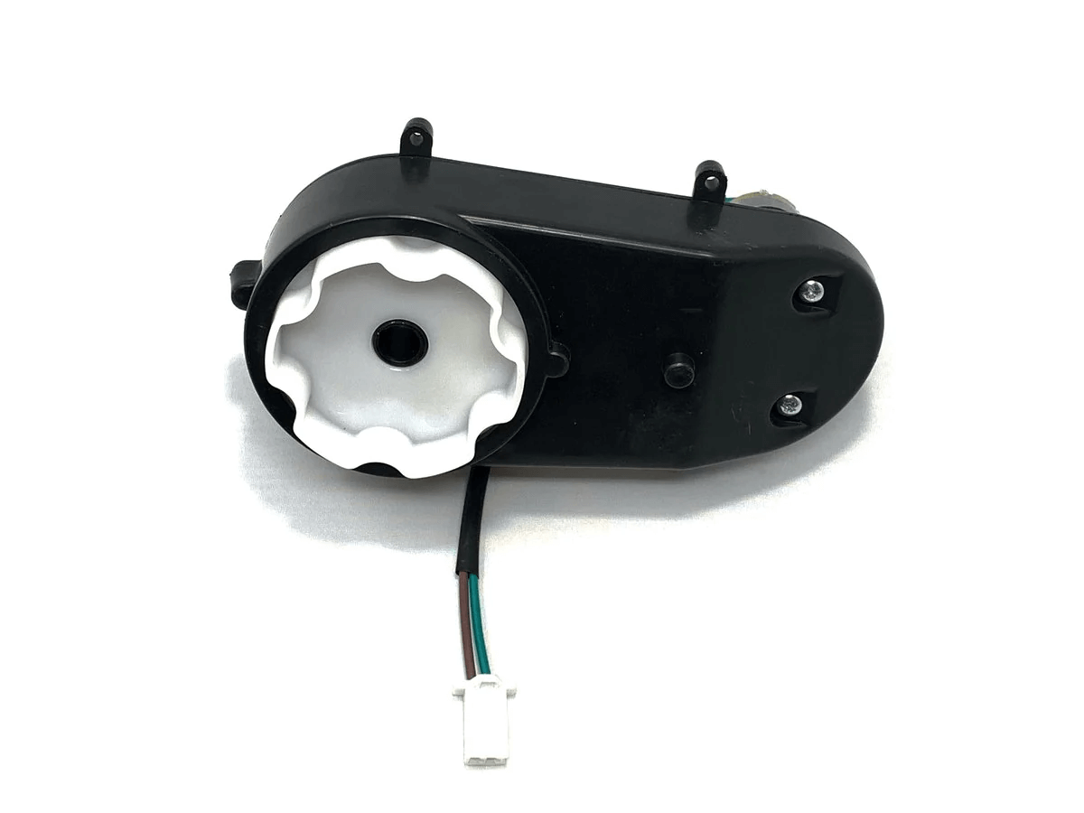 The 12V Bugatti Chiron Steering Gearbox features a black motor housing with a white wavy-edged circular center, attached wires with a white connector, and screw holes for mounting—ideal for Ride-On Car integration.