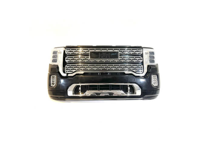 A black and chrome front bumper/grill with a center logo, mesh design, and integrated headlights on each side. Isolated against a white background, its perfect for the 12V/2 Seater GMC Sierra ride-on car enthusiast. Available exclusively as Enhance Your GMC Sierra: 12V/2 Seater Front Bumper/Grill Upgrade.