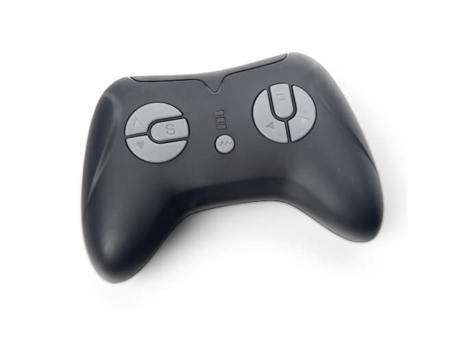 A black game controller with two gray circular buttons, featuring directional arrows and symbols S and P, boasts a sleek design akin to the finish of a 12v/2 Seater GMC Sierra, isolated on a pristine white background.