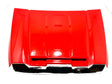 The glossy red Enhance Your GMC Sierra with a 12V/2 Seater Hood showcases sleek lines and indentations for optimal airflow, beautifully isolated on a white background to highlight its impressive craftsmanship.