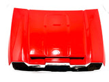 The glossy red Enhance Your GMC Sierra with a 12V/2 Seater Hood showcases sleek lines and indentations for optimal airflow, beautifully isolated on a white background to highlight its impressive craftsmanship.