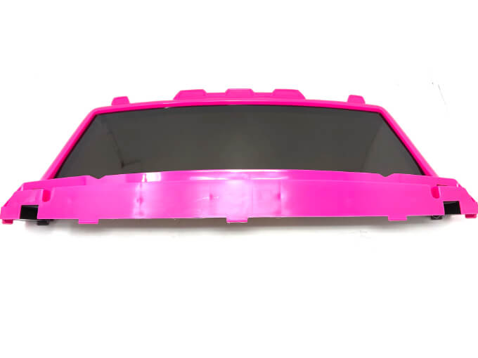 Bright pink rear spoiler with dark-tinted Enhance Your GMC Sierra Experience with a 12v/2 Seater Windshield, featuring a glossy finish and aerodynamic stepped design, on plain white background. Final sale on all colors in stock!.