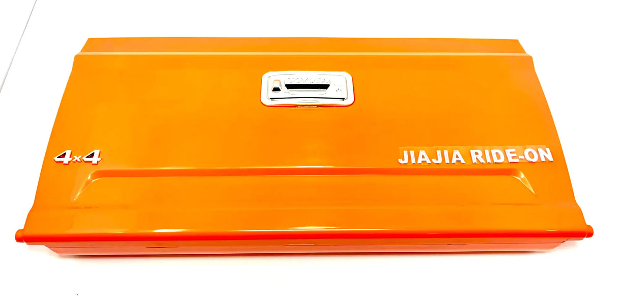 The orange tailgate for the 12V/2 Seater Tundra displays 4x4 and JiaJia Ride-On in bold white text, featuring a sleek silver handle centered on a crisp white backdrop.