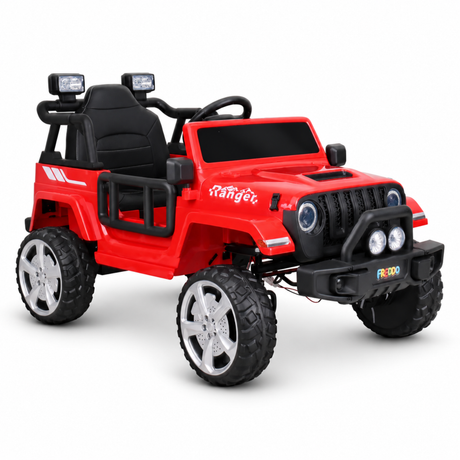 Red 12V Kids Ranger 4X4 Ride-On Jeep-Style Truck with EVA Tires, LED Lights, Music, Remote