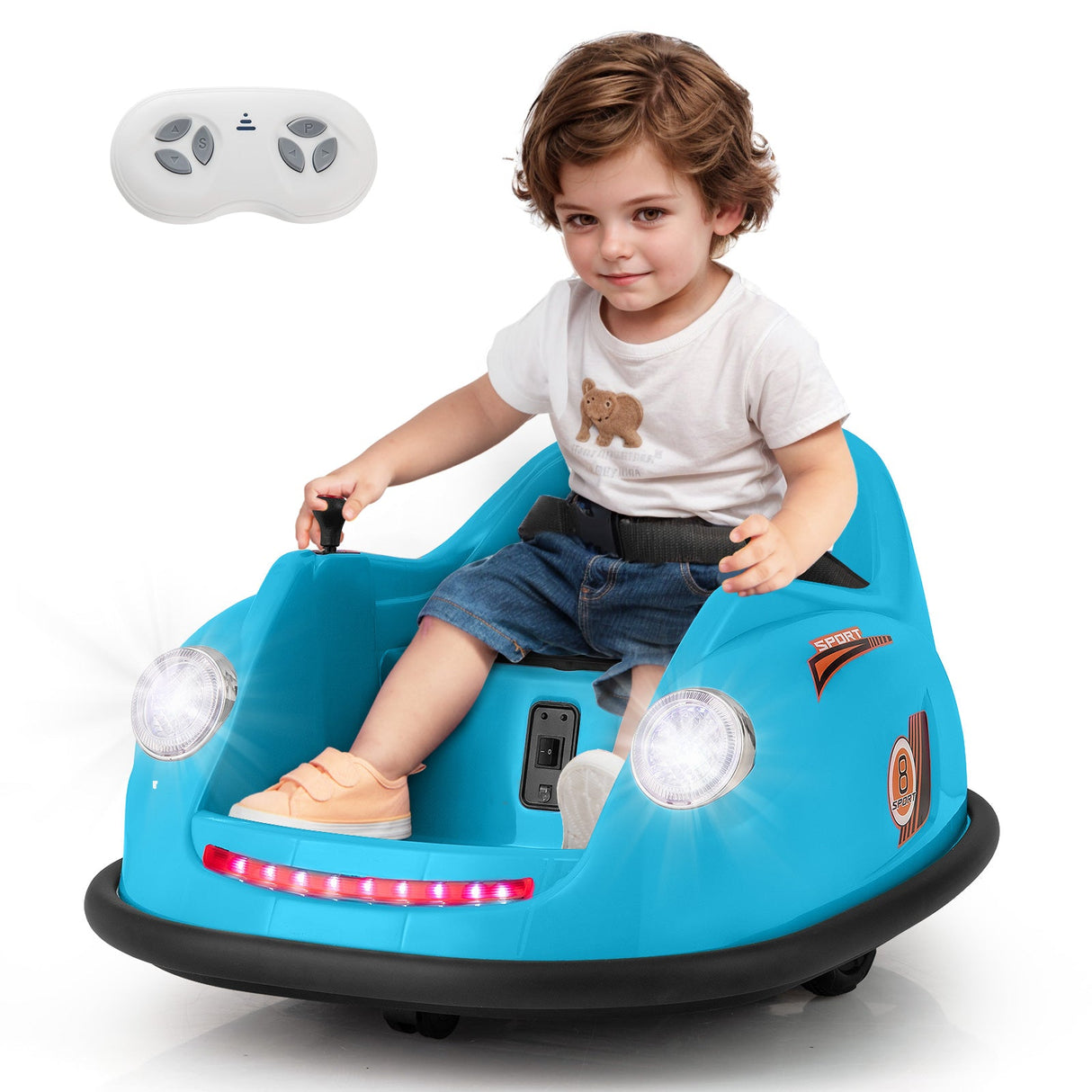 Blue 12V 360° Spin Electric Rechargeable Ride-On Bumper Car with LED Lights, Music, Remote Control