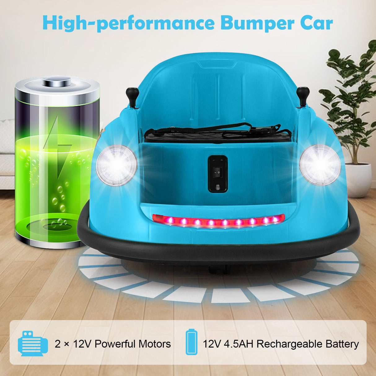 Blue 12V 360° Spin Electric Rechargeable Ride-On Bumper Car with LED Lights, Music, Remote Control