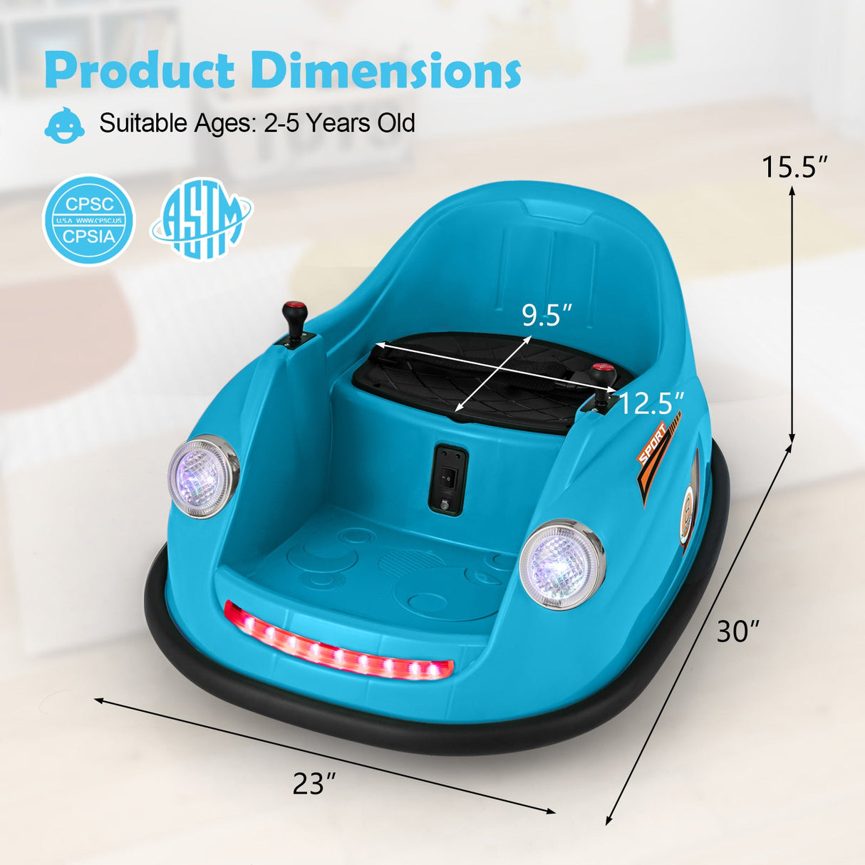 Blue 12V 360° Spin Electric Rechargeable Ride-On Bumper Car with LED Lights, Music, Remote Control