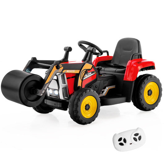 12V Red Ride-On Road Roller with Adjustable Arm, Drum Roller, Music, Remote