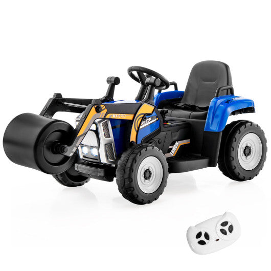 12V Blue Ride-On Road Roller with Adjustable Arm, Drum Roller, Music, Remote