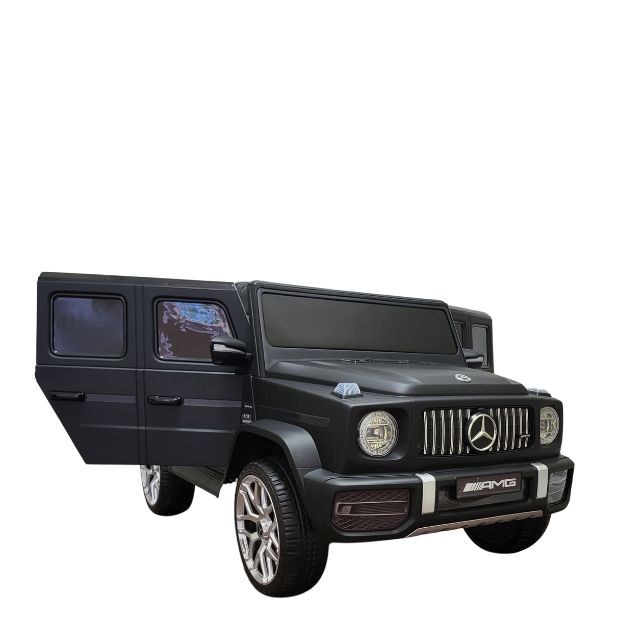 The Limited 12V Matte Edition Mercedes Benz AMG G63 Kids and Toddlers Ride-On Truck, RC is displayed with its drivers door ajar, showcasing a prominent front grille, large alloy wheels, and sleek design. Upgraded technology enhances this ride-on car against a transparent background.