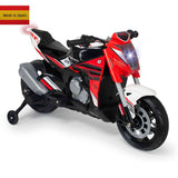 The Red INJUSA 12V Honda Naked Edition Ride On Bike for Kids is a detailed toy motorcycle with training wheels, exposed engine parts, and a Made in Spain label in the top left corner.