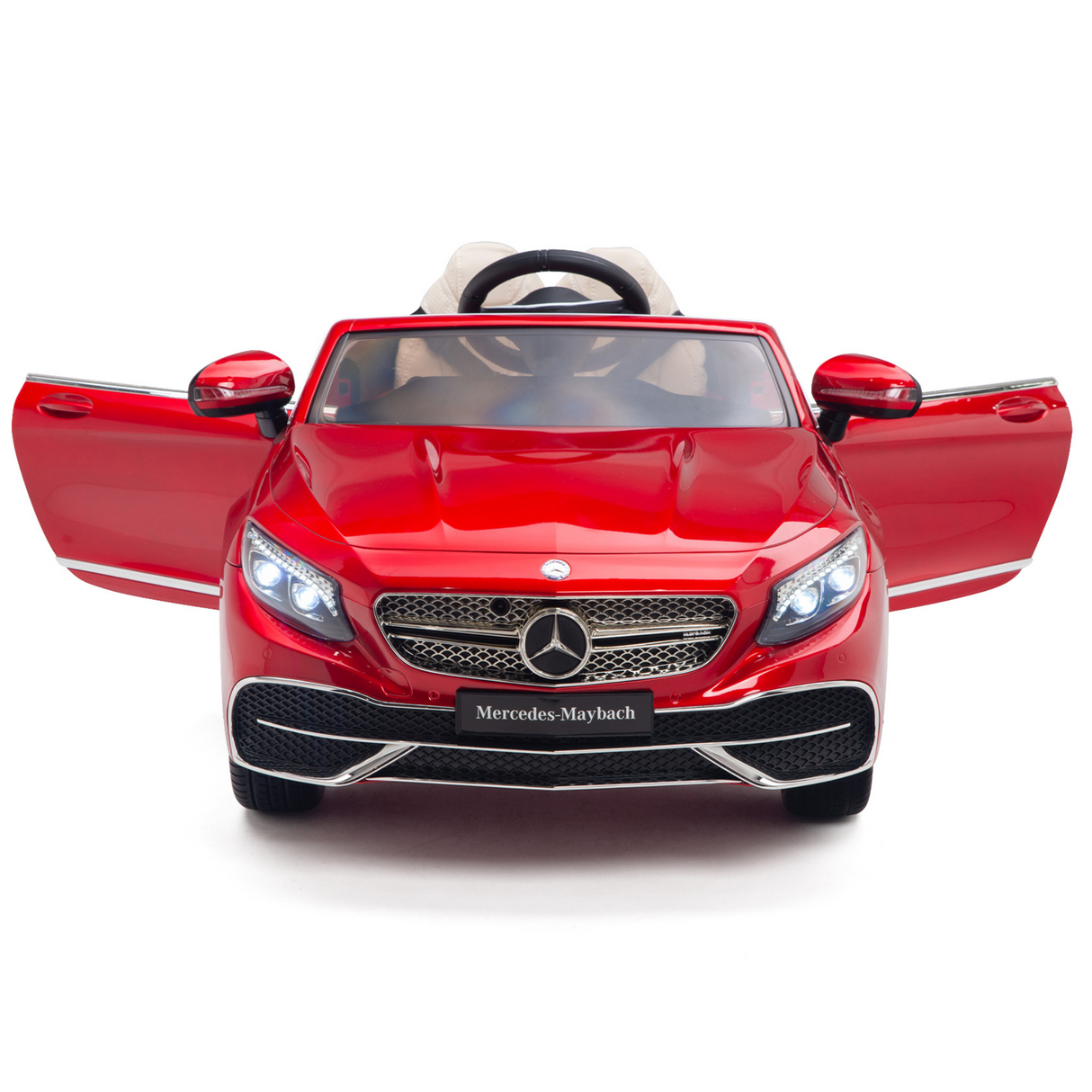 A front view of the Red 12V Mercedes Benz Maybach S650 Kids Ride-On Car, showcasing open doors, detailed headlights, a logo-adorned grille, and a sleek finish—a KIDS VIP delight.