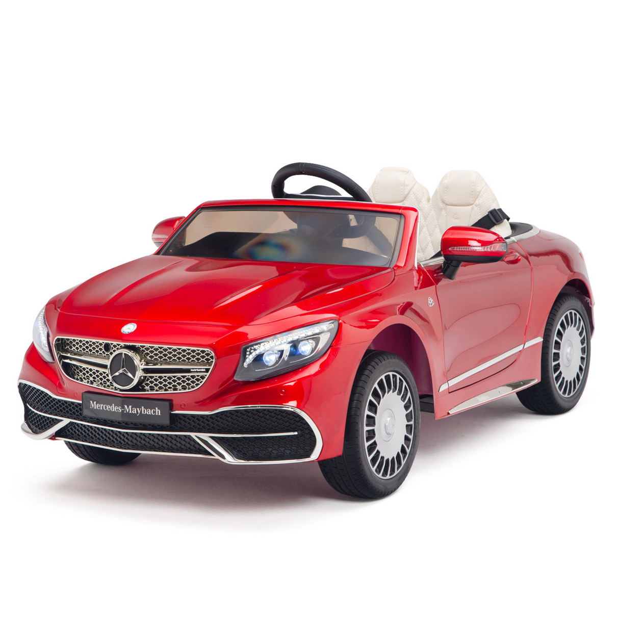 The Red 12V Mercedes-Benz Maybach S650 Kids Ride-On Car features rubber wheels, a remote, and luxury details like headlights and a steering wheel. This one-seater toy car is ideal for VIP adventures and displayed from the front on a pristine white background.