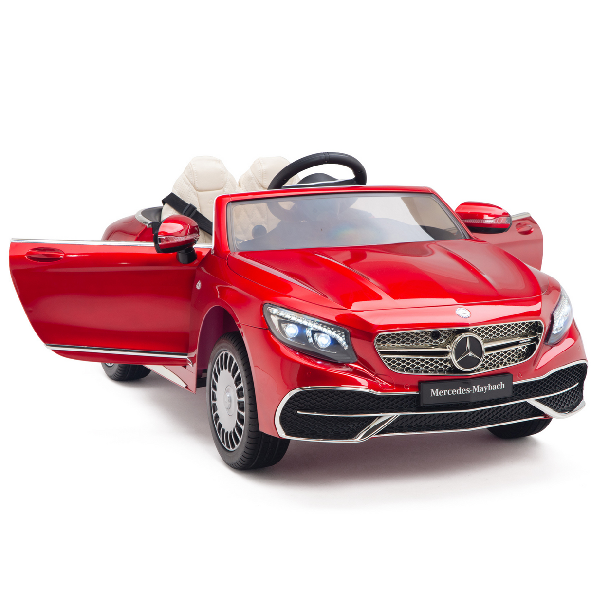 The Red 12V Mercedes Benz Maybach S650 Kids Ride On Car features a single seat, rubber wheels, one open door, detailed headlights, and a black steering wheel. This luxury ride-on by KIDS VIP boasts white seats and realistic elements, perfect for young drivers.