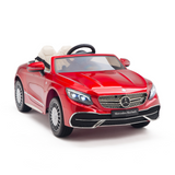 This KIDS VIP luxury red ride-on toy is a 12V Mercedes-Benz Maybach S650 with a sleek design, detailed headlights, grille, wheels, partially open doors, and one-seat interior featuring two white seats and steering wheel.