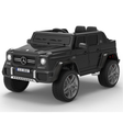 The Matte Black 12V Mercedes Benz Maybach G650s Kids 4X4 Ride-On Car features authentic headlights, grille, and wheels. It offers two seats, a realistic dashboard, and delivers an exciting ride-on adventure with its 12V power and sleek design.