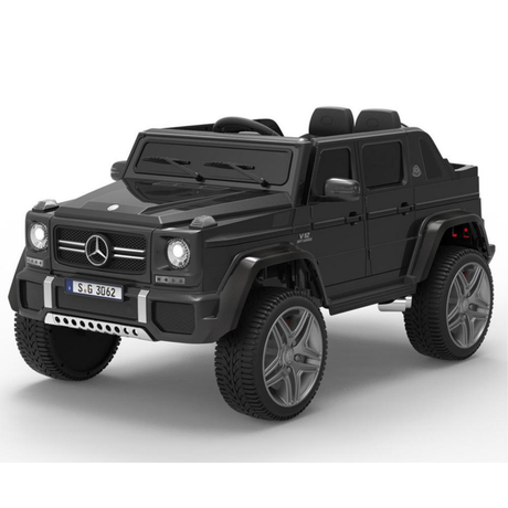 The Matte Black 12V Mercedes Benz Maybach G650s Kids 4X4 Ride-On Car features authentic headlights, grille, and wheels. It offers two seats, a realistic dashboard, and delivers an exciting ride-on adventure with its 12V power and sleek design.
