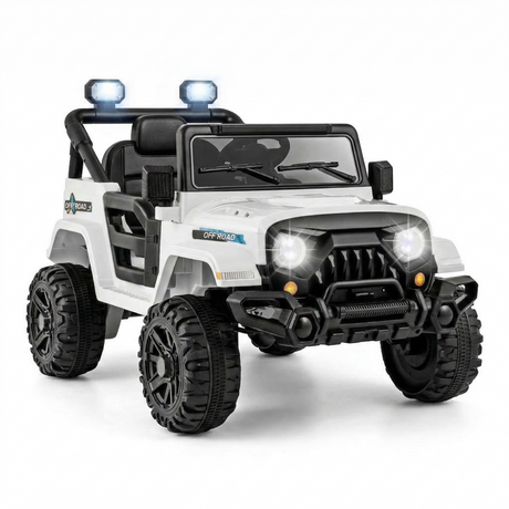 12V Kids White Jeep-Style Ride-On Truck with LED Lights, Music, Remote