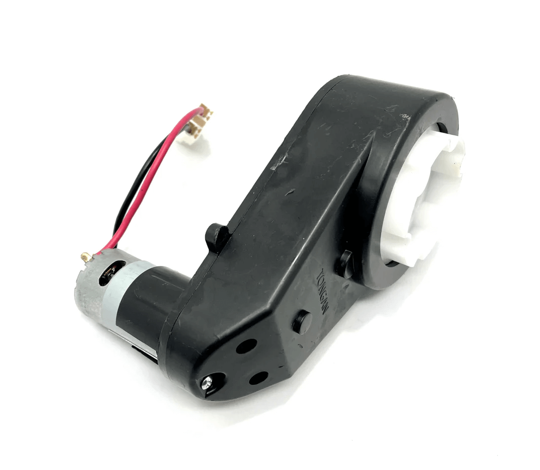 Black plastic housed small electric motor with red/black wires, connector, white gear-like part, and mounting holes, designed as the Left Gear Box for ride-on cars such as the 12V Range Rover HSE.