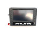 A sleek black MP4 touch screen electronic device, featuring play, pause, and volume buttons with a USB port on the right side, designed for seamless integration into your 12v Range Rover HSE ride-on car against a white background.