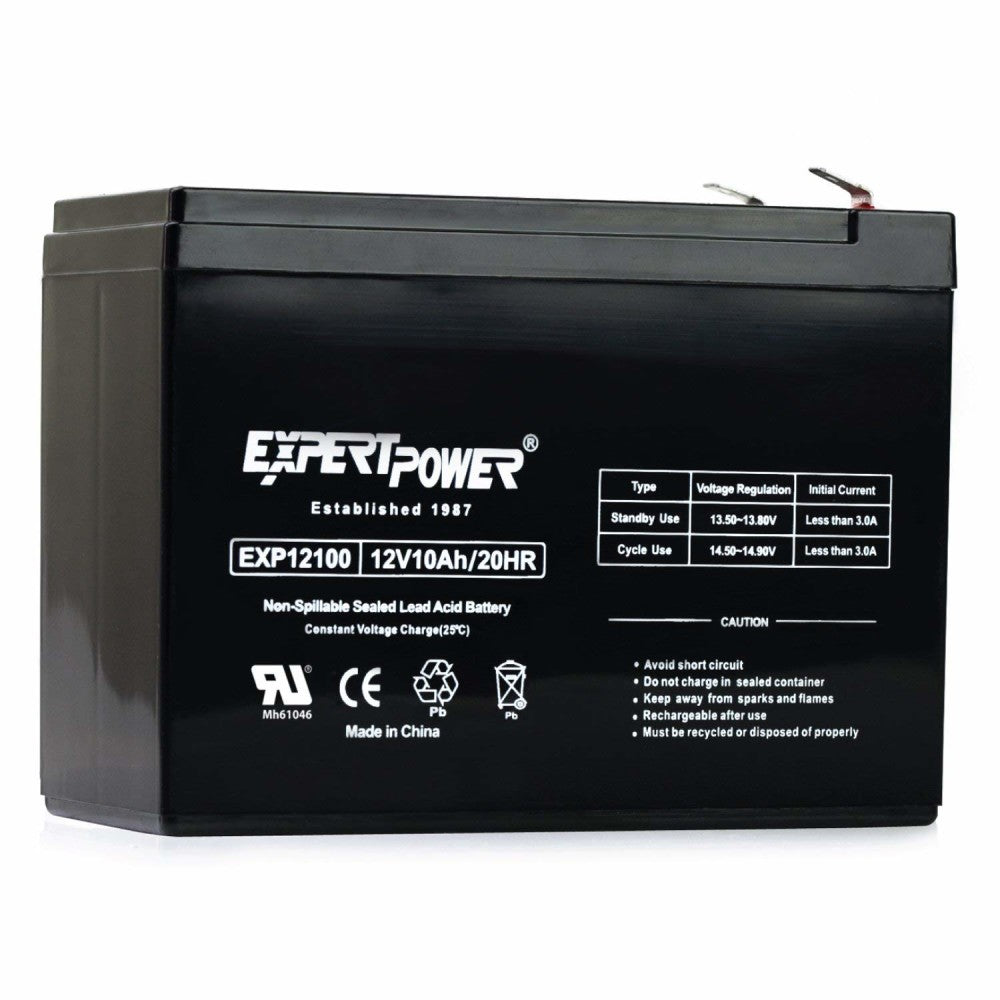 Explore the ExpertPower 12V 10Amp Battery, a black sealed lead acid battery with extended playtime for ride-on cars. Rated at 12V, 10Ah, and 20HR, it includes charging instructions and is made in China for dependable use.