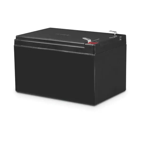 A black, rectangular 12v12ah Battery with silver corner handles is centered on a white background. This long-lasting and reliable solution ensures hours of uninterrupted fun for ride-on cars.