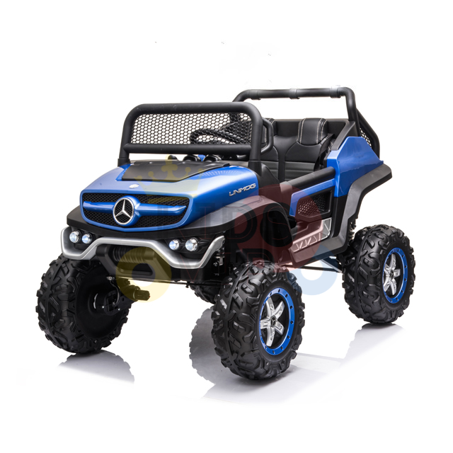 The Blue Official 12V Mercedes Unimog Junior 4X4 Kids Ride On UTV offers a luxury SUV look with rugged tires, an open-top design, blue and black colors, two seats, a steering wheel, and remote control for fun and safety.