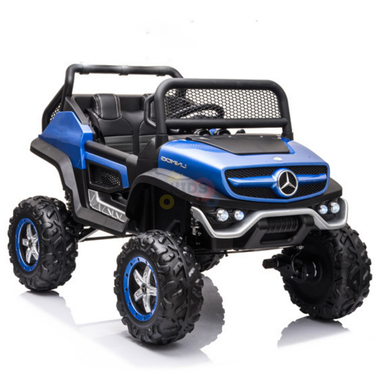 A blue Official 12V Mercedes Unimog Junior 4X4 Kids Ride On UTV, resembling a mini SUV with off-road tires, features a silver Mercedes logo. It boasts a rugged design with roll bar and visible suspension, and can be operated by remote control for extra fun.