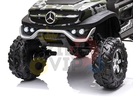 The Camo 12V/4X4 Official Mercedes Unimog Junior Ride On UTV features a stylish camouflage design, luxury-inspired grille, large off-road wheels, and front headlights.