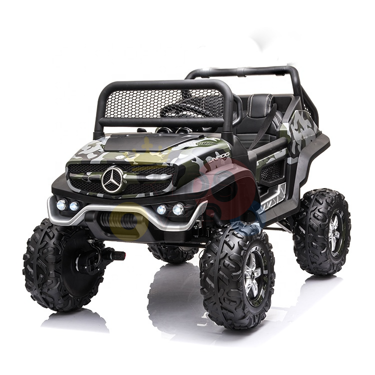 The Camo 12V/4X4 Mercedes Unimog Junior Ride-On UTV is an electric toy car with a camo design and large black tires. Featuring signature grille lights and an open-top style, it artfully displays both its front and side profile at an angle.