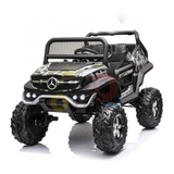 The Camo 12V/4X4 Mercedes Unimog Junior Ride-On UTV is an electric toy car with a camo design and large black tires. Featuring signature grille lights and an open-top style, it artfully displays both its front and side profile at an angle.