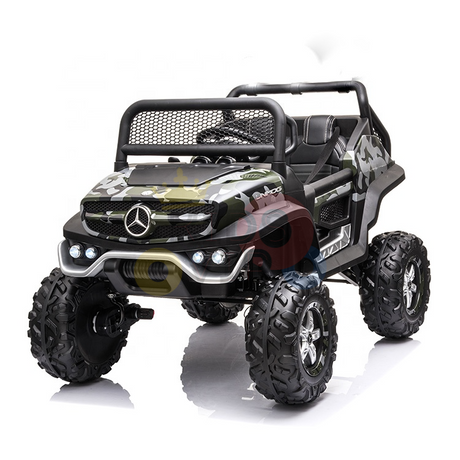 The Camo 12V/4X4 Mercedes Unimog Junior Ride-On UTV is an electric toy car with a camo design and large black tires. Featuring signature grille lights and an open-top style, it artfully displays both its front and side profile at an angle.