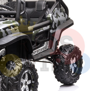 Zoomed-in shot of the Camo 12V/4X4 Official Mercedes Unimog Junior Ride On UTV, featuring a camo design, large rugged tires, and black seats. Detailed sides with a small step appear against a plain white background with faint red and blue letter overlays.